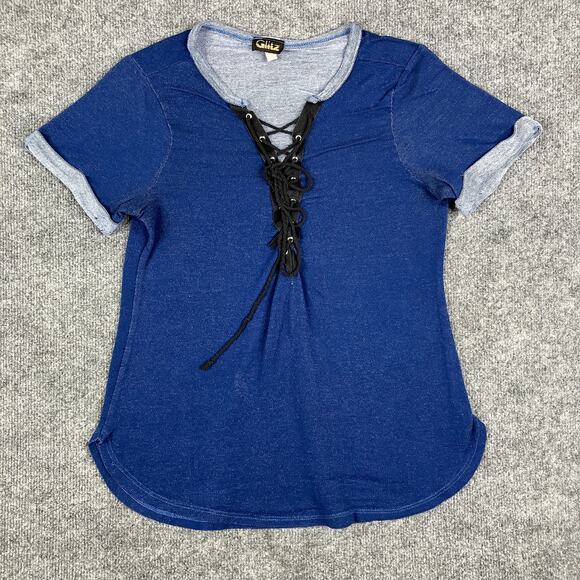 Glitz Tops - Glitz Top Womens Size M Blue Short‎ Sleeve Lace Up Front Casual Stretch Babydoll